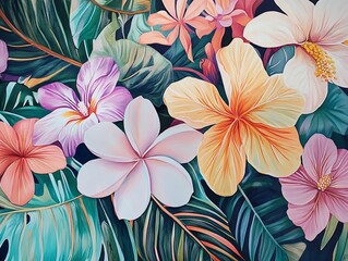 A vibrant collection of tropical flowers, including hibiscus and plumeria, showcased in their natural jungle habitat, highlighting the beauty of nature's palette.