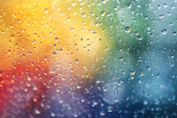 Close-up of raindrops on a colorful window, creating a vibrant blurred background effect
