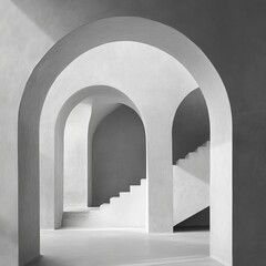 A stunning minimalist space featuring elegant white arches and interconnected staircases, evoking serenity and modern architectural beauty within clean lines and shadows.