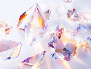 A collection of sparkling, multifaceted crystals scattered on a soft white surface, reflecting light