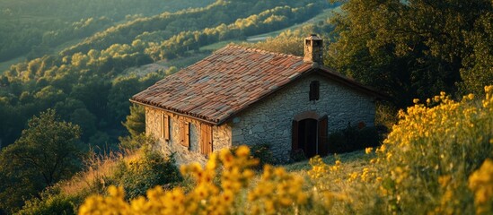 Naklejka premium Secluded Stone House in a Hillside Meadow