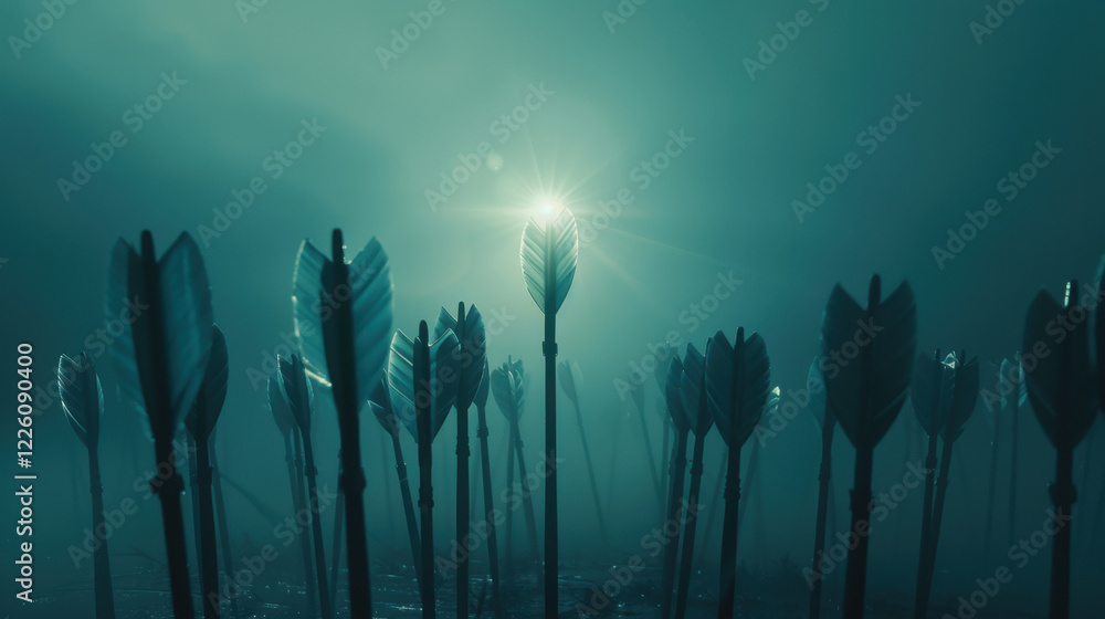 Poster misty landscape with arrows pointing upwards, creating surreal atmosphere. light shines through, add