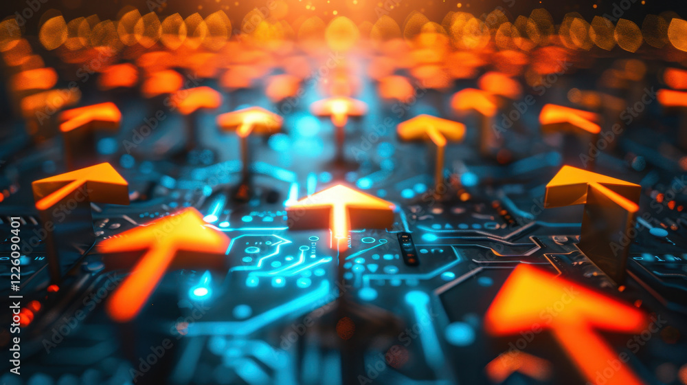 Poster Digital arrows pointing upwards on circuit board, symbolizing growth and progress in technology. vibrant colors create dynamic and futuristic atmosphere