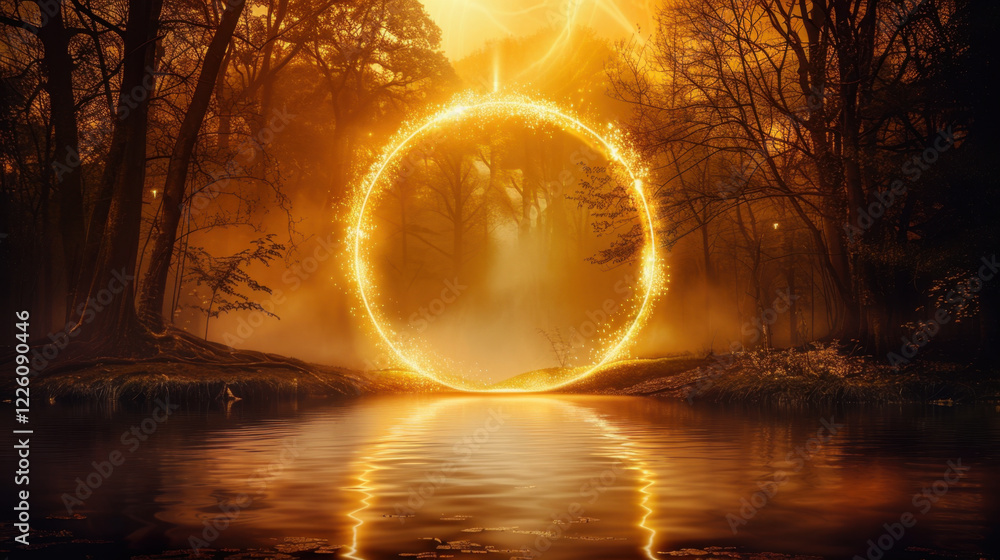 Poster mystical glowing portal in forest at sunset, surrounded by trees and reflected in water, creating en