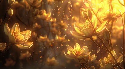 Golden flowers bloom in dreamy, ethereal atmosphere, surrounded by soft light and sparkling particles, creating magical and serene ambiance