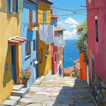 A picturesque alleyway in a coastal town, showcasing bright colored houses, hanging laundry, cobblestone path, vibrant ambiance, and stunning sea view.