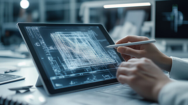 Photo of an architect using a digital tablet to create a futuristic cityscape design, working on architectural plans and sketches with advanced technology.