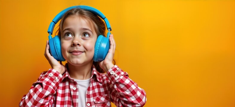 Girl listens to music with blue headphones. Happy child wears red, white checkered shirt, enjoying sound in casual style. Adorable girl smiles, wireless headphones on. Orange background creates