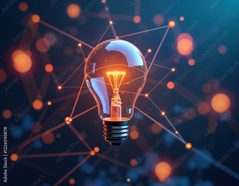 Poster futuristic light bulb glows brightly. network of lines connects to digital dots. abstract image evok