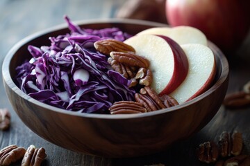 A vibrant salad of sliced fresh red cabbage, apple slices, and toasted pecans, tossed with a light cider dressing.