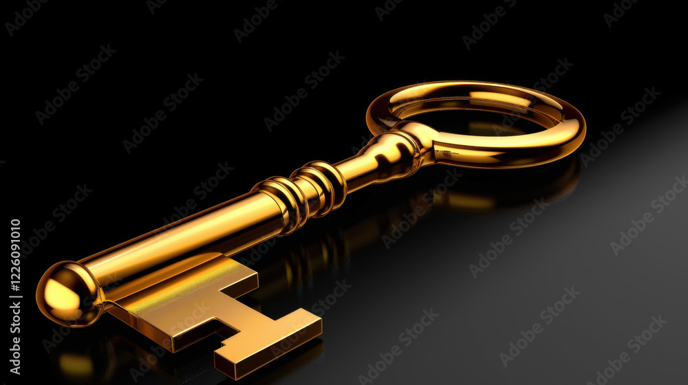 Poster shiny golden key with circular handle and flat end, symbolizing access and security. key is placed o