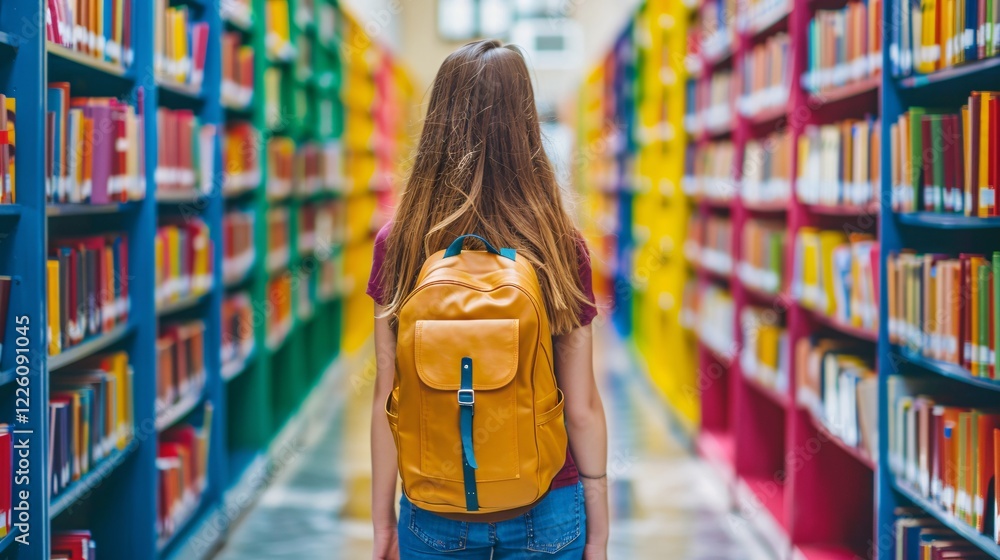Poster student walking through the library with colorful bookshelves, looking for a book
