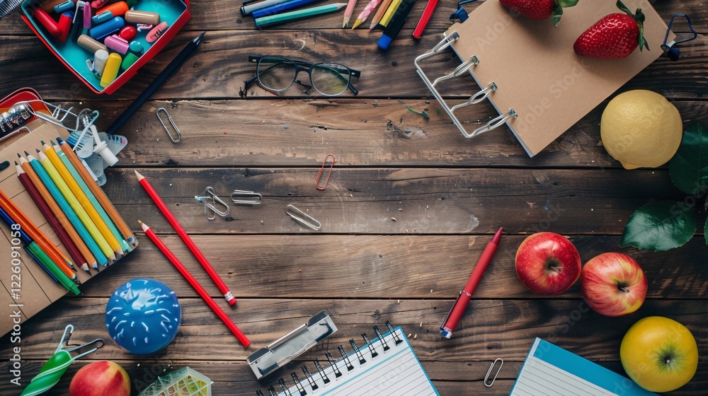 Poster back to school concept showing school supplies surrounding an empty notepad on a rustic wooden desk