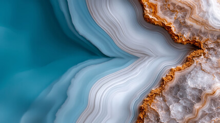Obraz premium A stunning close-up of a blue agate stone with golden mineral formations, creating an elegant abstract texture.