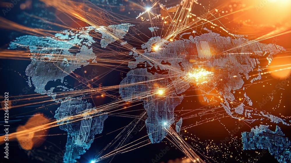 Poster illuminated world map with dynamic connections and bright lines