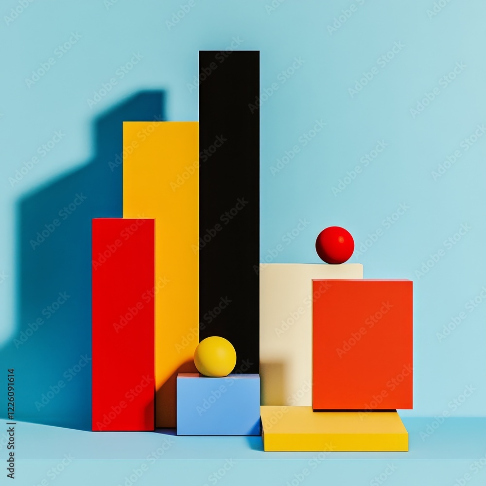 Poster an abstract representation of modern design, featuring colorful geometric blocks and spheres arrange