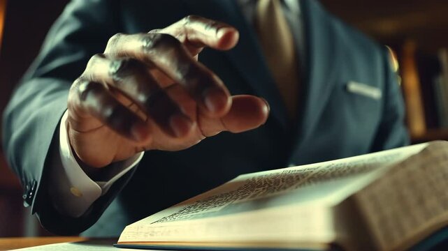 A preacher&rsquo;s dark-skinned hand points to a passage in the Bible, highlighting a key teaching moment in a church setting.