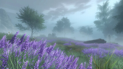 Obraz premium serene landscape featuring purple flowers in misty environment, with trees and rocks in background, creating tranquil and dreamy atmosphere