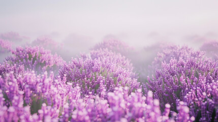 Obraz premium Lavender fields in soft focus, showcasing vibrant purple flowers under misty sky. serene landscape evokes sense of calm and tranquility