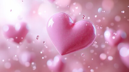 A vibrant glossy pink heart floats against a soft bokeh backdrop, symbolizing love and affection. Ideal for Valentine's Day or romantic themes.