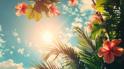 Naklejka premium Bright hibiscus flowers and lush green leaves under sunny sky create vibrant tropical scene. sunlight filters through foliage, enhancing beauty of nature