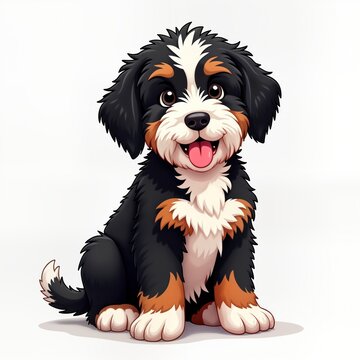 Cute bernedoodle puppy sits happily. Fluffy fur, friendly expression. Adorable, healthy pet. Great for pet-themed designs. Adorable smiling puppy suitable for pet shop animal lovers. Energetic puppy