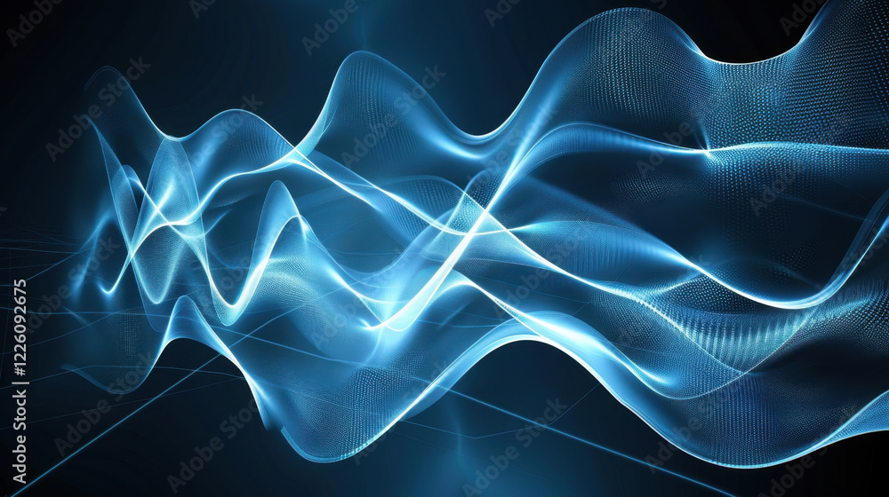 Poster abstract blue wave patterns create dynamic visual effect, representing sound or data flow in digital