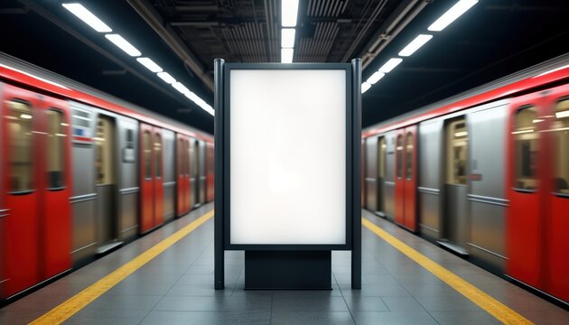 Subway station mock-up poster display. Empty advertisement board in NYC subway station between two moving trains. Realistic 3D render illustration. Modern marketing media template for advertising.