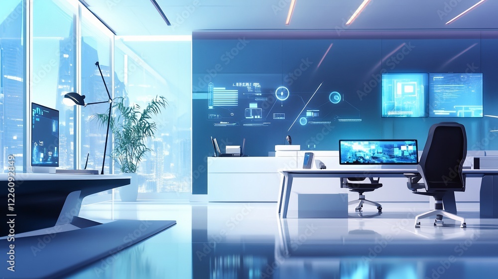 Poster modern office space with computer screens, data displayed and large windows and plants, reflecting o
