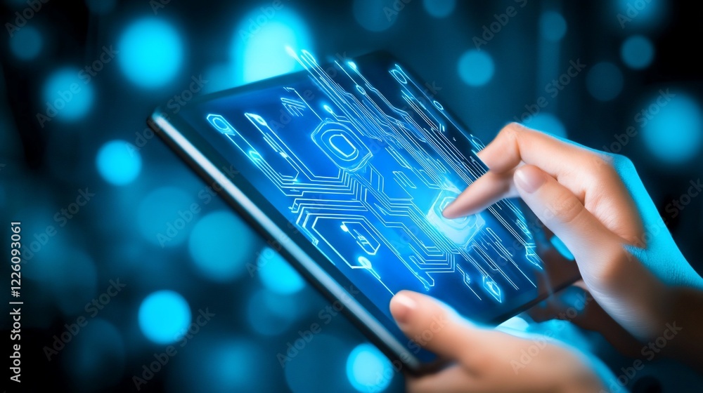 Poster hands interact with a digital circuit board interface on a glowing tablet screen technology