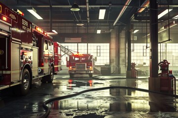 Fototapeta premium Interior of a fire station with fire trucks
