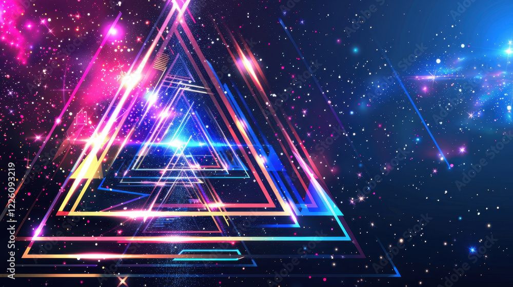 Poster vibrant cosmic background with colorful triangles and stars, creating mesmerizing visual effect. int