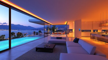 Fototapeta premium Modern luxury villa interior at dusk, overlooking infinity pool and ocean view.