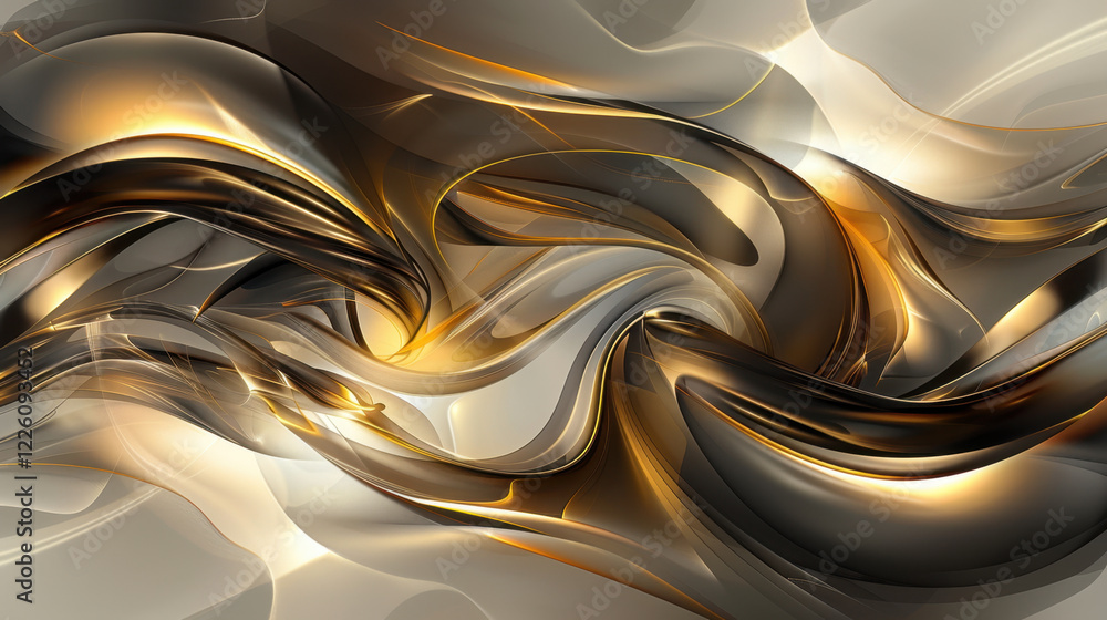 Poster abstract swirling patterns in gold and silver tones create dynamic visual flow, evoking sense of mov