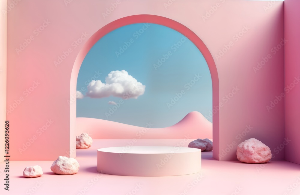 Leinwandbilder Pink landscape with archway. Empty podium in the middle. Soft pink background. Blue sky with a large cloud. Rocks placed on the ground. Minimalist design. Suitable for product presentations.