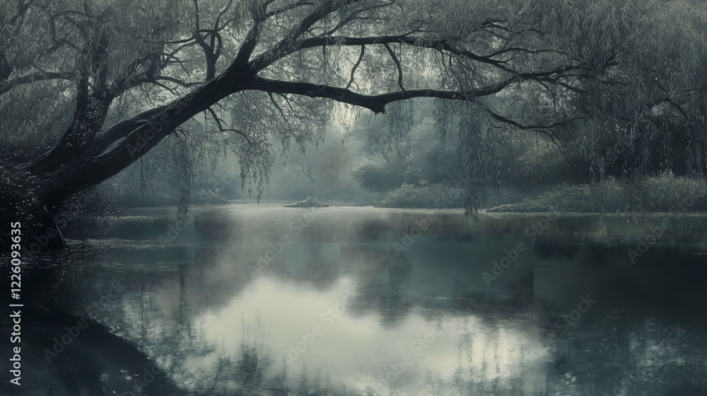 Poster quiet riverside setting in japan with willow trees reflecting in calm water at dawn. generative ai