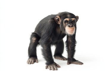 Naklejka premium Young chimpanzee stands on white background.