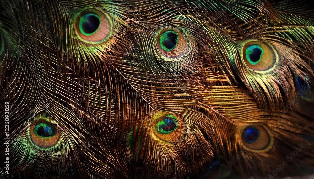 Poster vibrant peacock feather texture backdrop colorful closeup of shallow depth of field peacock feathers