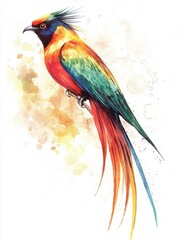 Obraz premium A stunning watercolor illustration of a vibrant, exotic bird with an elongated, flowing tail and striking plumage, showcasing a spectrum of vivid hues, perched gracefully.