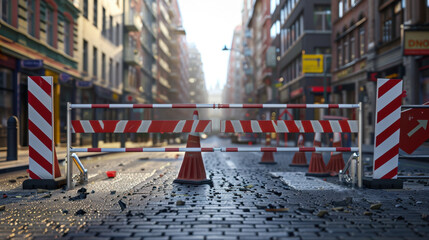 Obraz premium Construction site with barriers and cones on city street, showcasing urban development and roadwork. scene captures essence of bustling city undergoing changes
