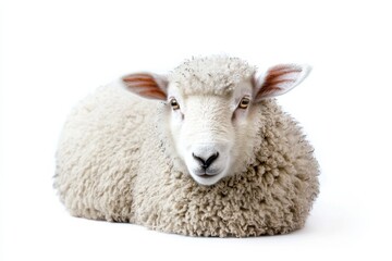 Fluffy sheep resting on white background