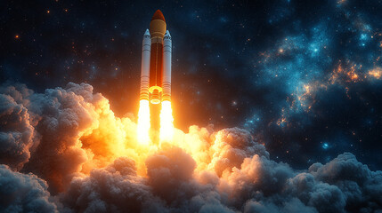 Rocket launch representing business growth marketing execution creative environment innovative viewpoint minimalistic bright tone modern blurred background with empty space for text or captions

