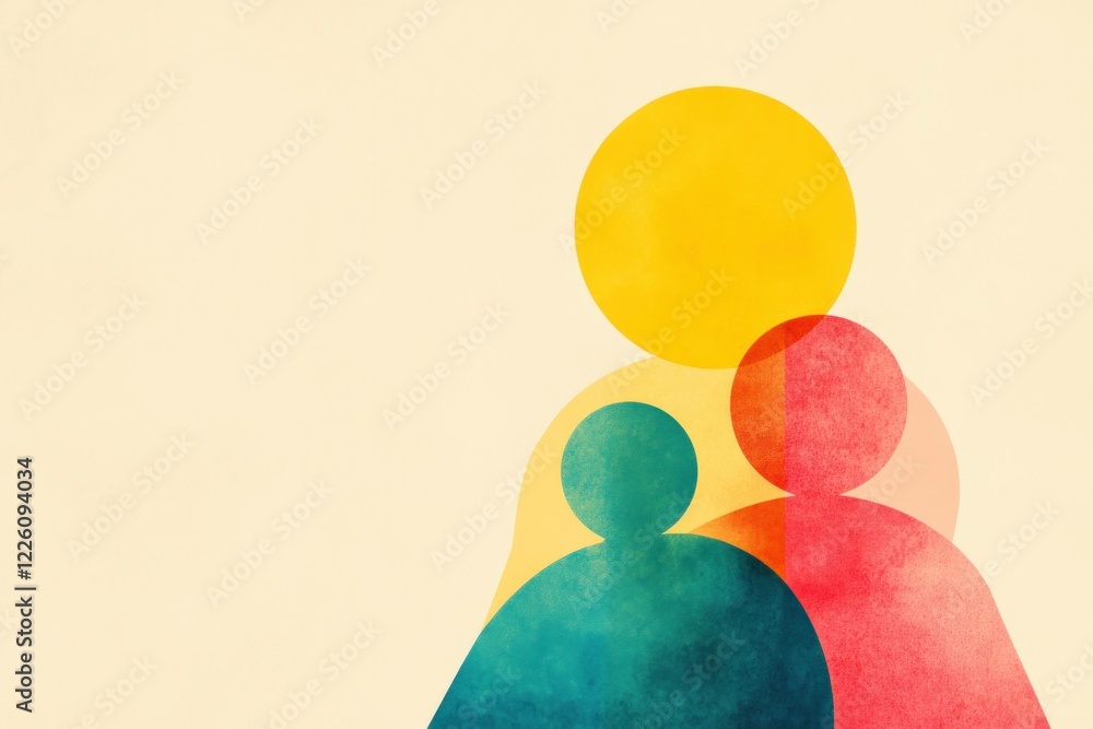 Poster abstract illustration of three figures in vibrant colors with a large sun, representing unity and in