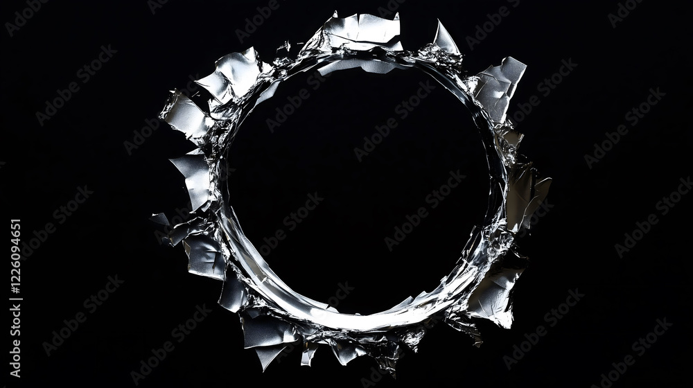 Aufkleber thick metallic sticker creating a circular outline with jagged edges against a dark backdrop. genera