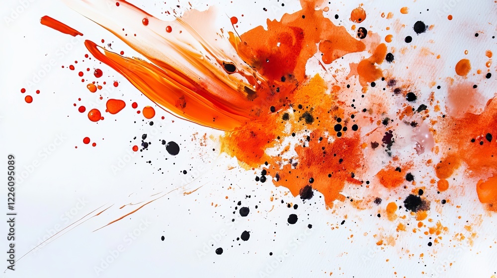 Poster a vibrant abstract artwork featuring dynamic splashes of orange and black, creating a sense of motio