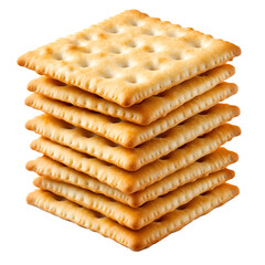 A Stack of Square, Golden-Brown Saltine Crackers with a Crispy Texture Isolated on a White and Transparent Background.    