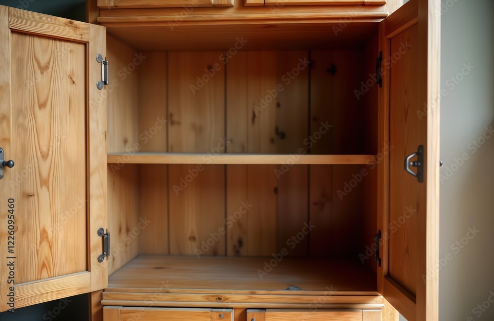 Poster wooden cupboard open showing empty shelves inside kitchen. empty storage space. no items on shelves.