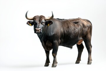 Majestic dark brown bull against white background.