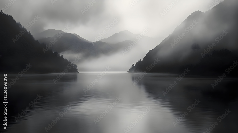 Poster dramatic view of mount enveloped in mist with serene reflected waters at dawn. generative ai