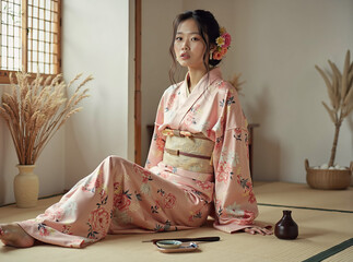 Woman in Pink Floral Kimono Seated on Tatami Mat